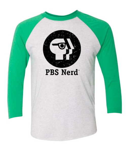 green t-shirt with the pbs logo head wearing glasses